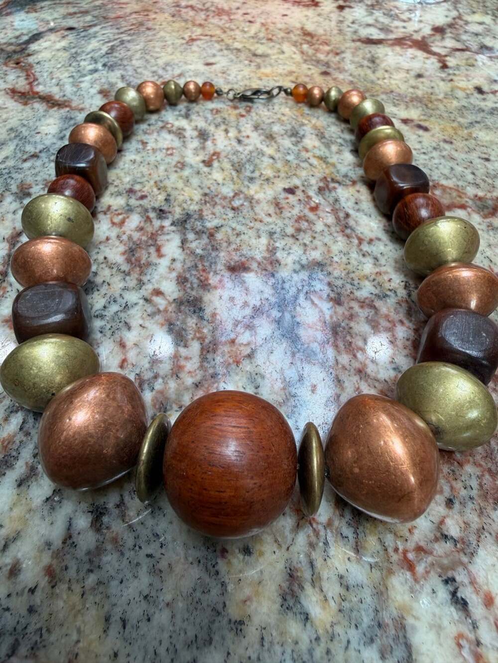 Chunky Wood and Metal Bead Statement Necklace
